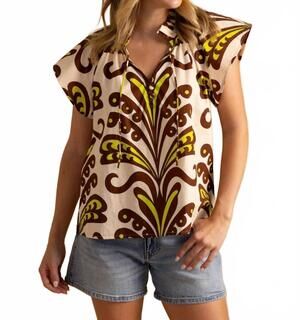 NEW DOUBLE A em flutter sleeve blouse in green and brown
